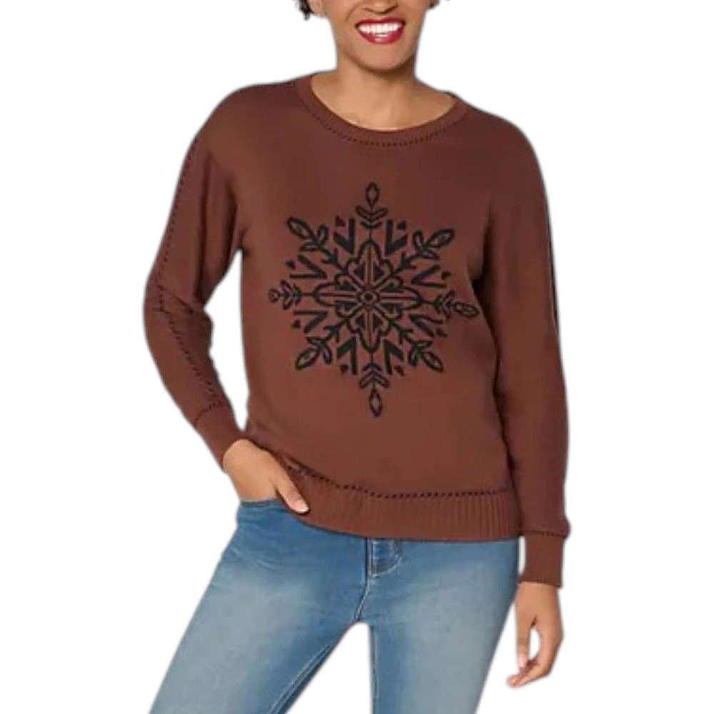 Joan Rivers Women's Snowflake Sweater w/ Birdseye Stitching Coffee - Regular